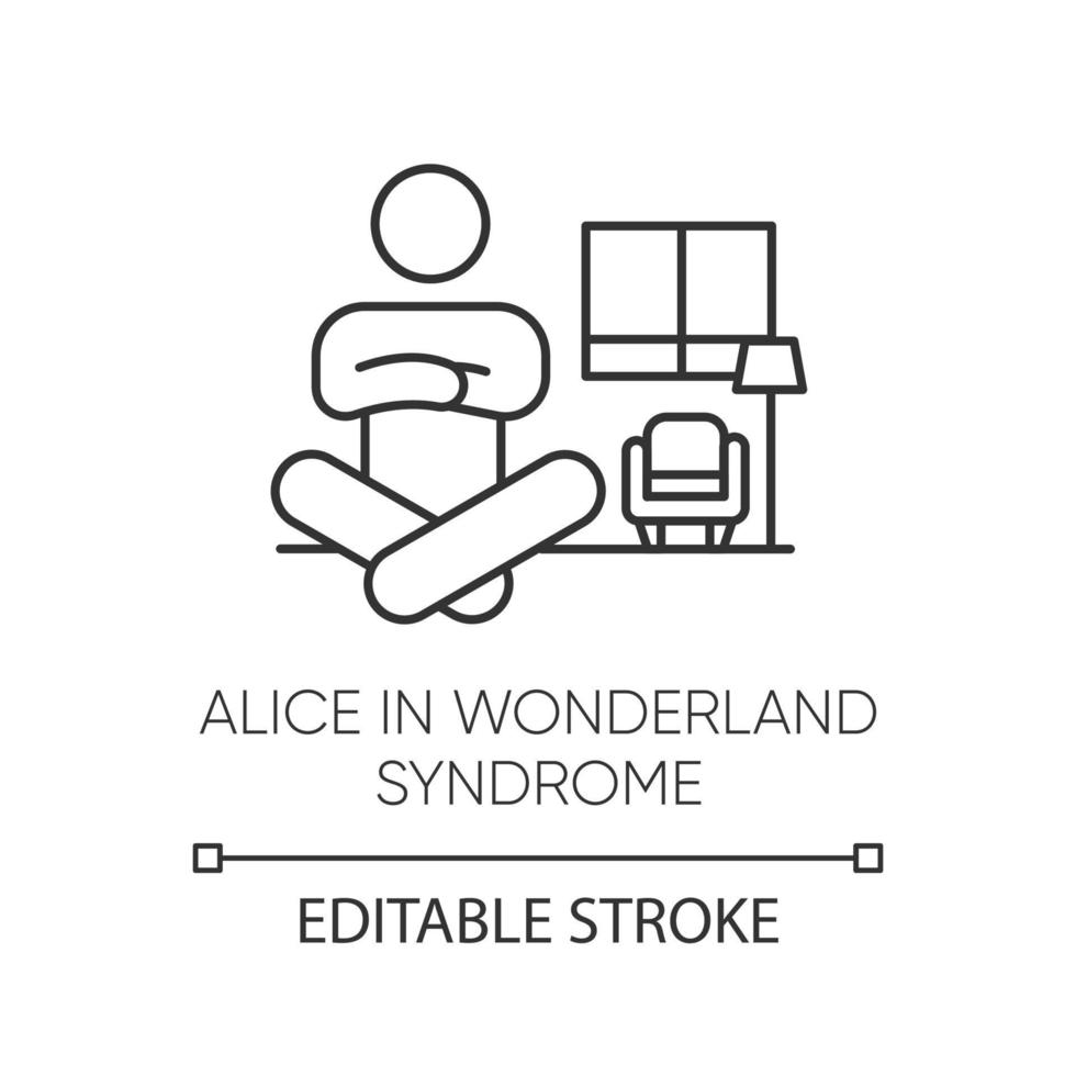 alice i underlandet syndrom linjär ikon. visuell uppfattning. storleksförvrängning. dysmetropi. mental sjukdom. tunn linje illustration. kontur symbol. vektor isolerade konturritning. redigerbar linje