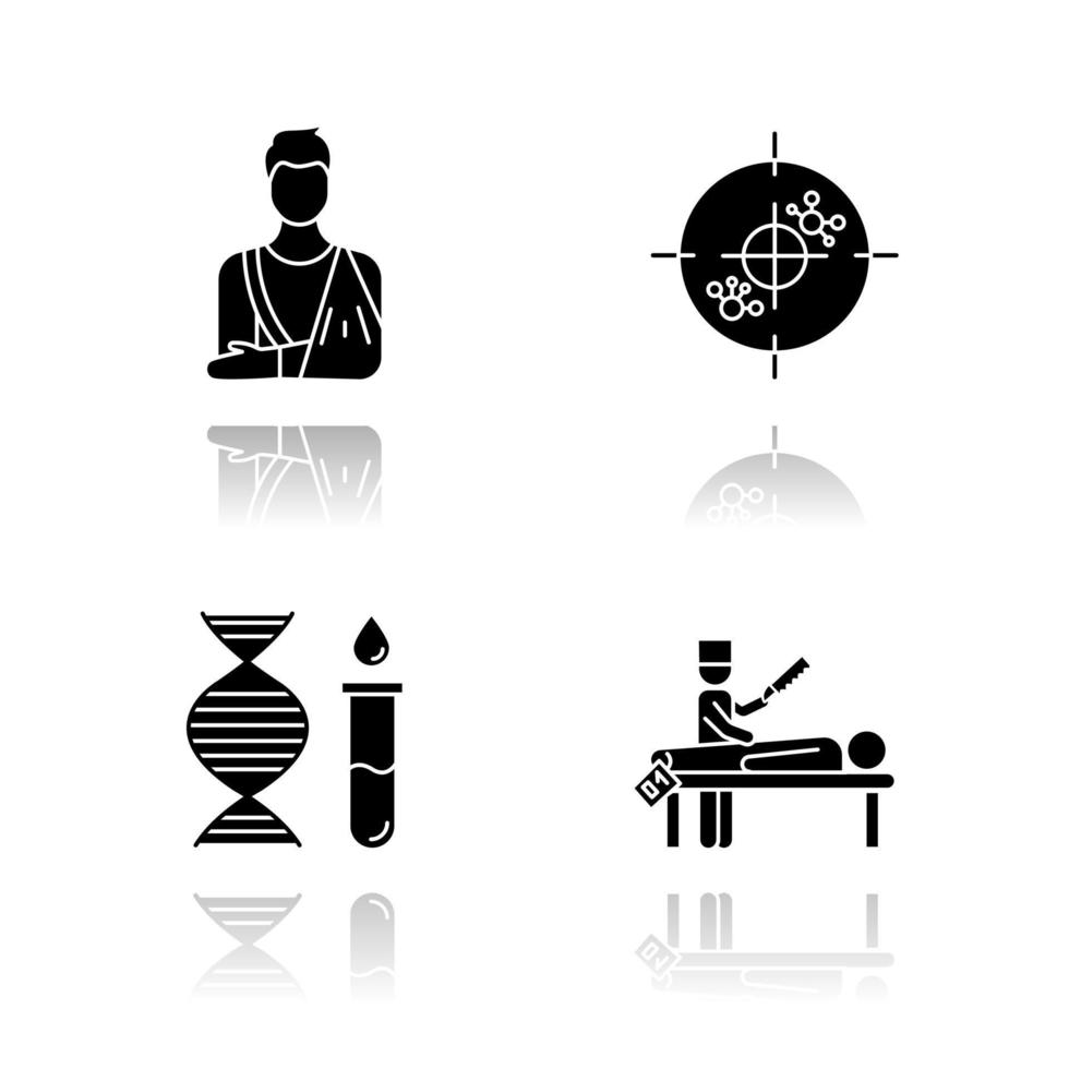 medizinisches Verfahren Schlagschatten schwarze Glyphe Icons Set. orthopädischer Gips. gebrochener Knochen. Immuntherapie. genetischer Test. DNA, Moleküle. Autopsie Diagnose. Todesursache. isolierte vektorillustrationen vektor