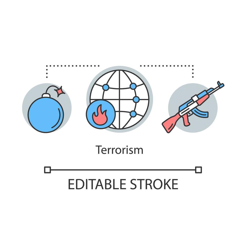 Symbol für das Konzept des Terrorismus. kriegsführungsidee dünne linie illustration. Terroranschläge und Verbrechen. Extremismus Krieg. Waffengewalt. Sprengterrorismus und Explosion. Vektor isolierte Umrisszeichnung. bearbeitbarer Strich