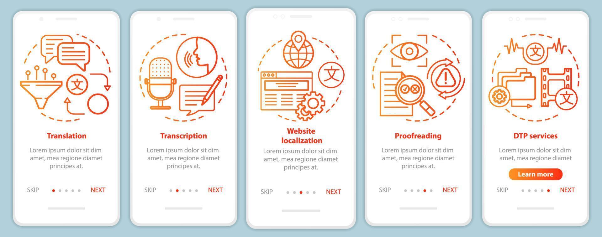 texttjänster röd onboarding mobil app sida skärm vektor mall. översättning, korrekturläsning. genomgång av webbplatssteg med linjära illustrationer. ux, ui, gui smartphone gränssnitt koncept