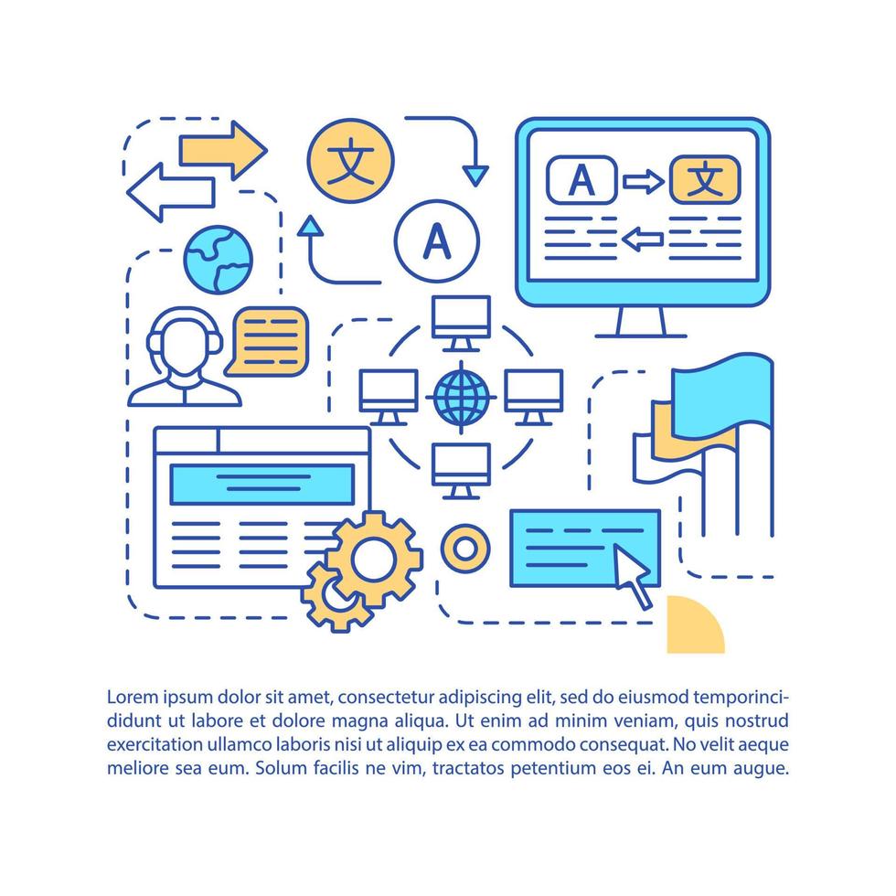 Vektorvorlage für die Artikelseite der Übersetzungsanwendung. Online-Übersetzer, Dolmetscher. Broschüre, Zeitschrift, Broschürenelement mit linearen Symbolen und Text. Druckdesign. Konzeptillustration mit Textraum vektor