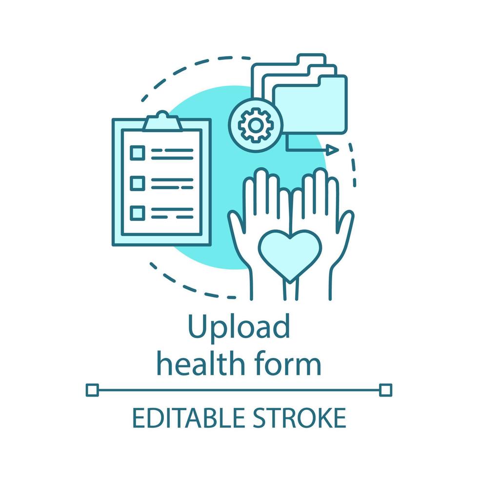 ladda upp hälsoformulär konceptikon. läger, intresse klubben ansökan idé tunn linje illustration. obligatorisk hälsokontroll, verifiering innan campingresa. vektor isolerade konturritning. redigerbar linje