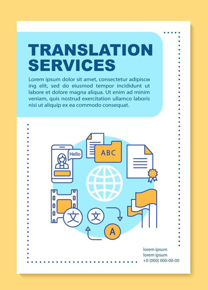 Layout der Broschürenvorlage für Übersetzungsdienste. Textinterpretation. Flyer, Broschüre, Broschürendruckdesign mit linearen Illustrationen. Vektorseitenlayouts für Zeitschriften, Berichte, Werbeplakate vektor