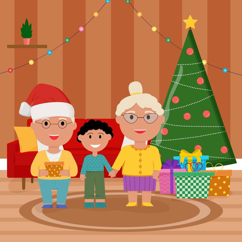 Familie zu Weihnachten. Familie in der Nähe von Weihnachtsbaum und Dekoration. Großeltern gratulieren ihrem Enkel vektor
