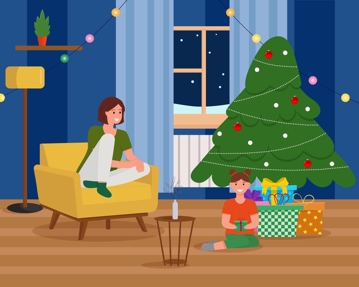 glückliche mutter und ihre tochter sitzen neben dem weihnachtsbaum. gemütliches weihnachtsinterieur. Geschenke unter dem Baum. vektor
