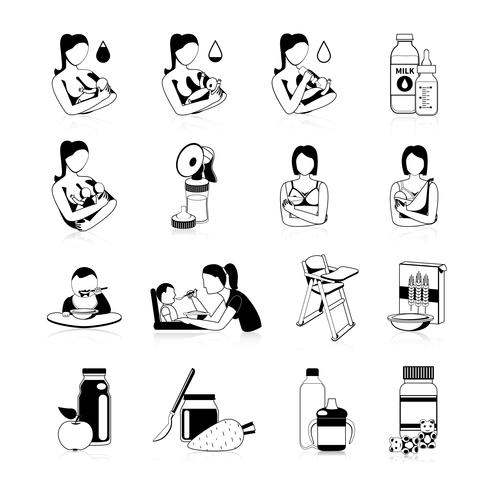 Baby Fütterung schwarz Icons Set vektor