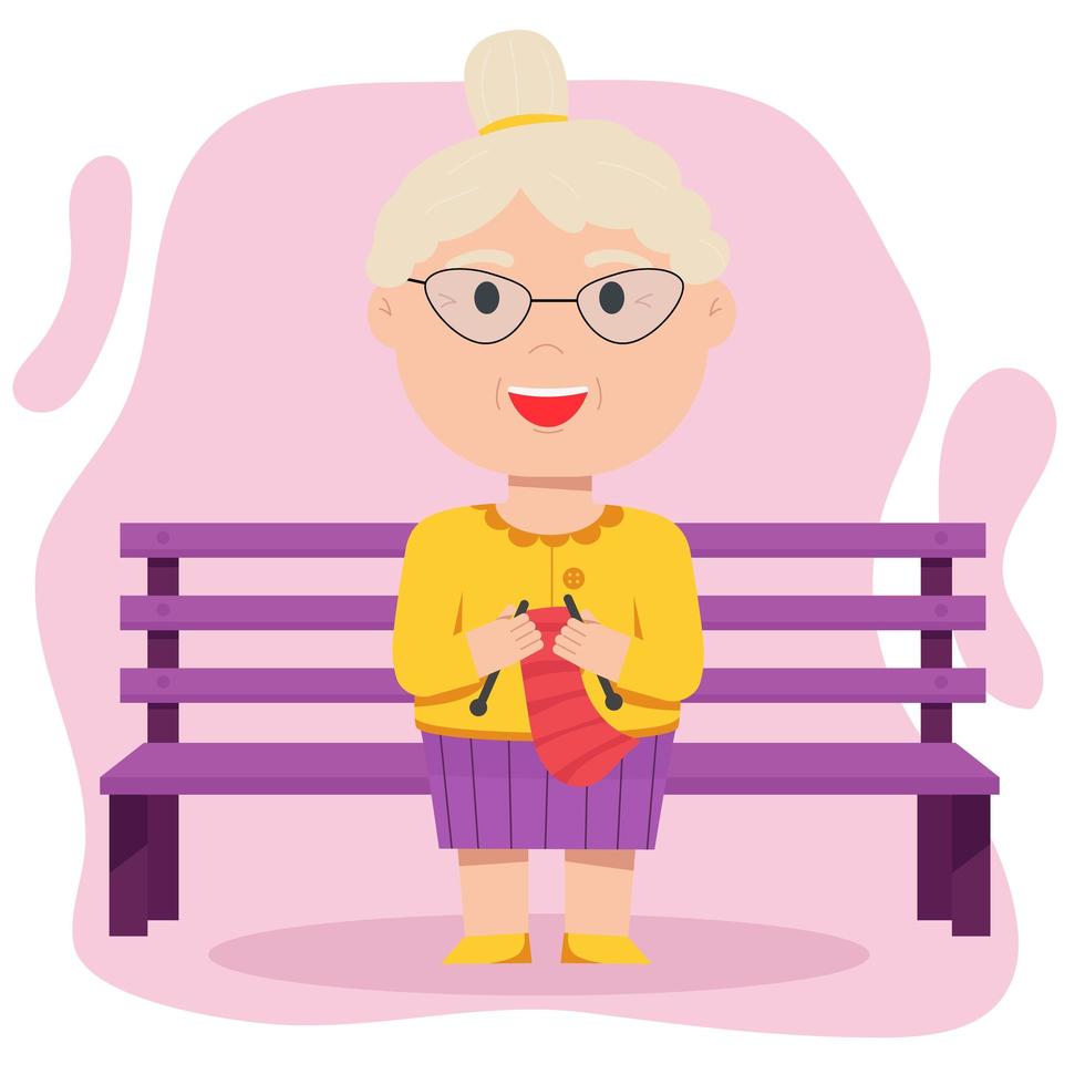 mormor stickar sittande på en bänk. äldre människor vektor