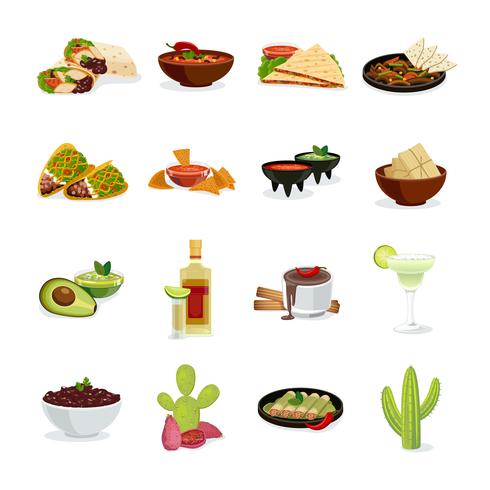 Mexikanische Lebensmittel flache Icons Set vektor