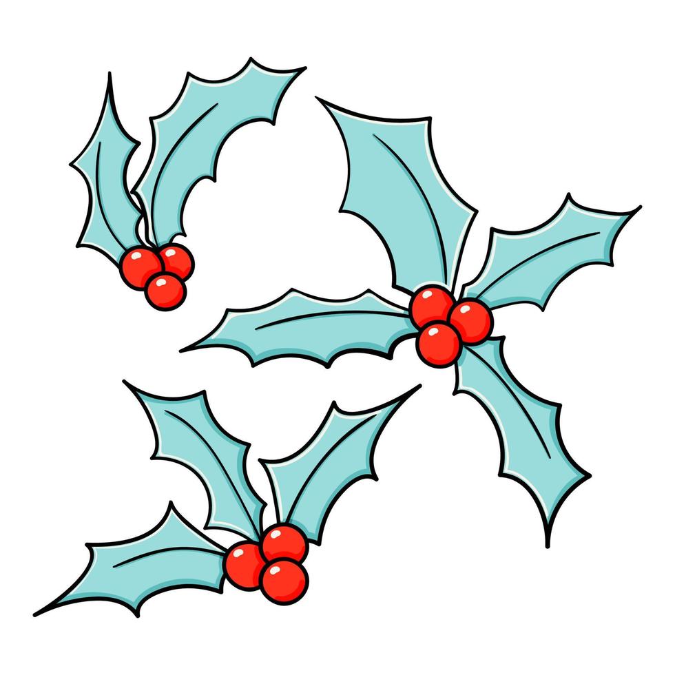 Holly Doodle Vektorskizzen Weihnachten Set. Winterblumen-Illustrationssammlung. blaue Mistel mit roten Blumen helle trendige Illustration isoliert auf weißem Hintergrund vektor