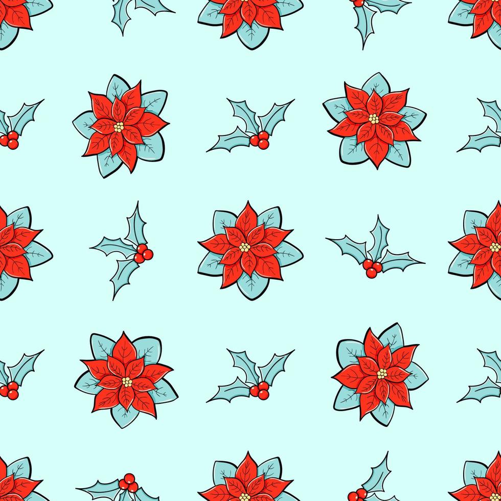 Weihnachtsstern und Stechpalme Zweige Vektor nahtlose Muster. Winterblumen-Doodle-Skizze im minimalistischen Stil. trendige Illustration für Tapeten, Drucke, Winterstoffe