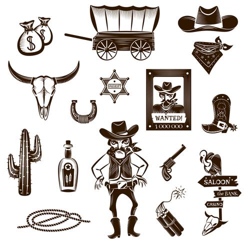 Cowboy Black White Icons Set vektor