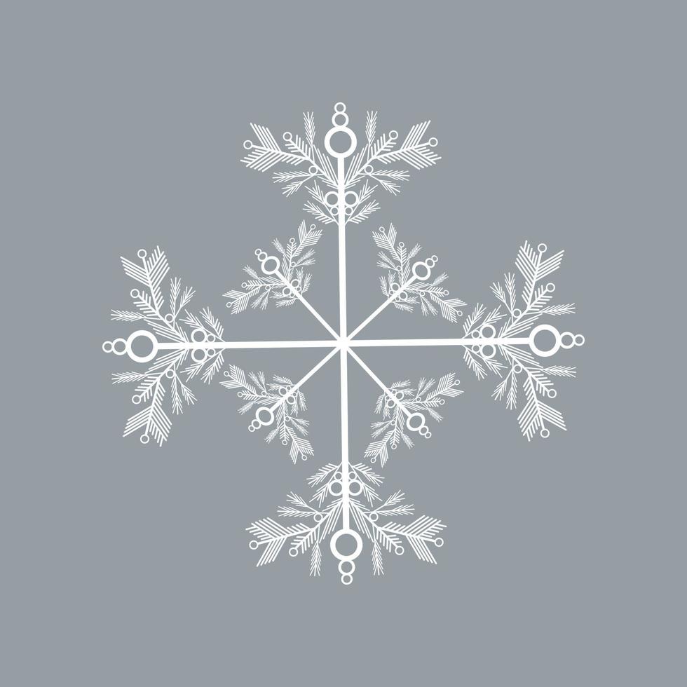 genombruten vit snöflinga på en grå bakgrund, frostigt mönster med långa och korta strålar, runda element och symmetriska drag vektor