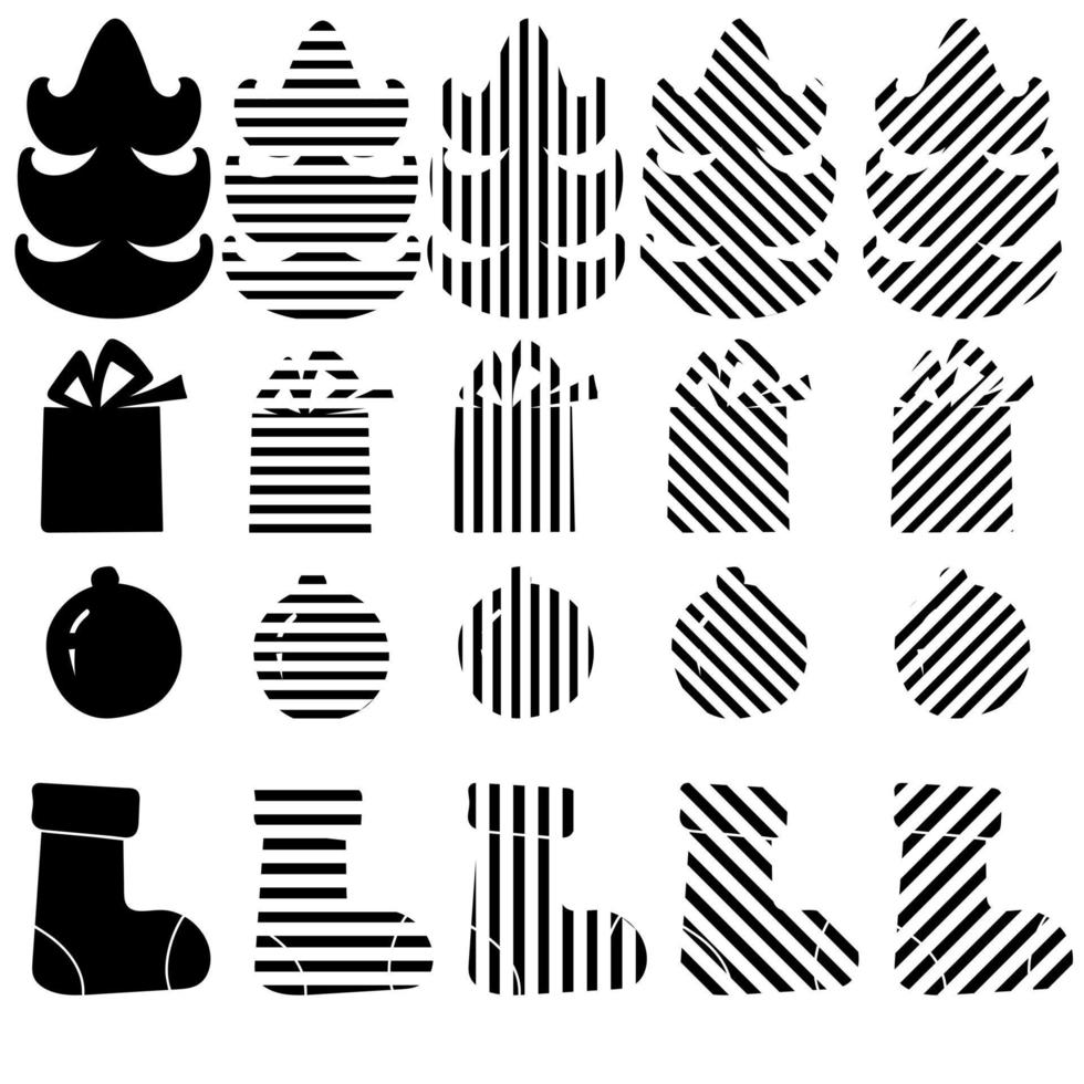 Set von Silhouetten von Weihnachtsattributen eines Weihnachtsbaums, eines Geschenks, einer Socke und eines Weihnachtsballs, stilisierte gestreifte Umrisse für Tags, Glückwünsche, Karten vektor