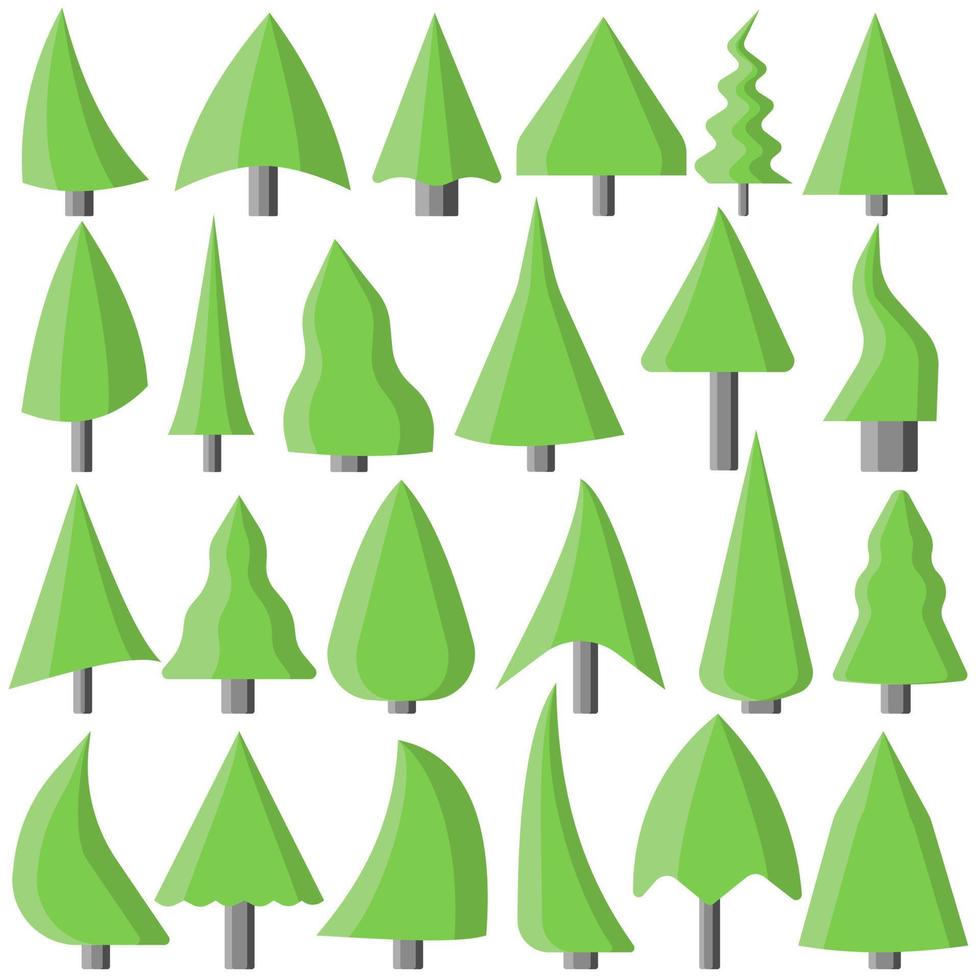 uppsättning julgranar, julattribut i platt stil, festligt grönt träd i olika former och storlekar vektor