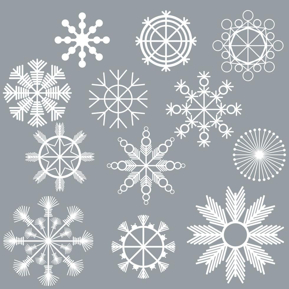 Satz weißer Schneeflocken auf grauem Hintergrund, subtile frostige Muster aus geraden Linien und runden Elementen, weihnachtliche Winterattribute vektor