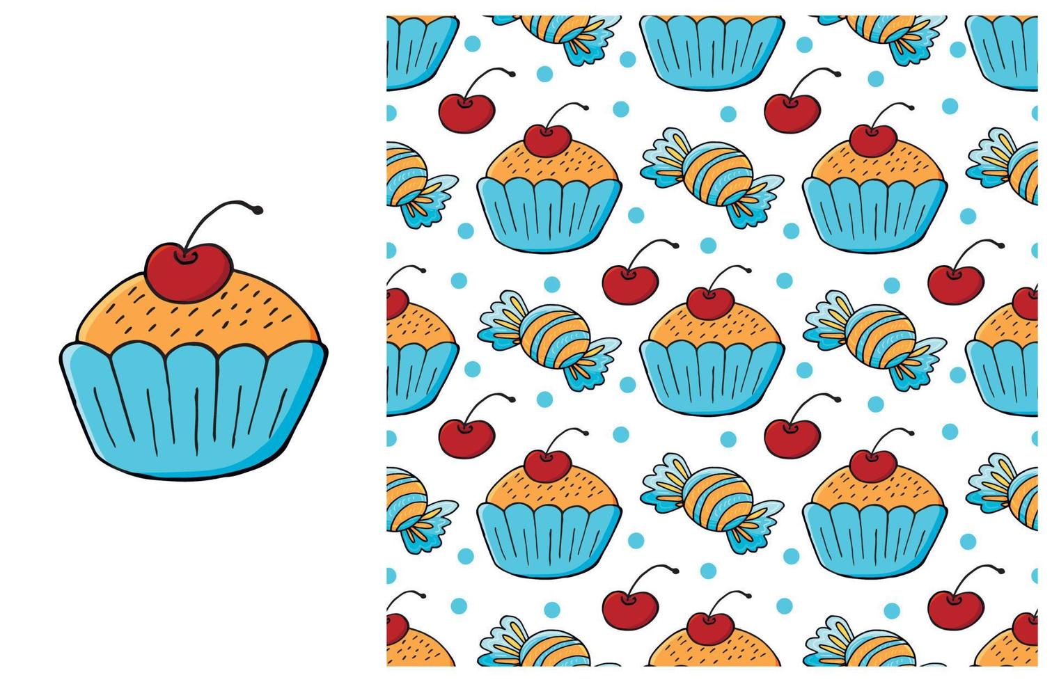 Kuchen, Muffins. Elementsatz und nahtloses Muster vektor