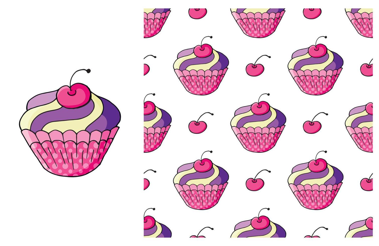 cupcake, muffins. uppsättning element och sömlösa mönster vektor