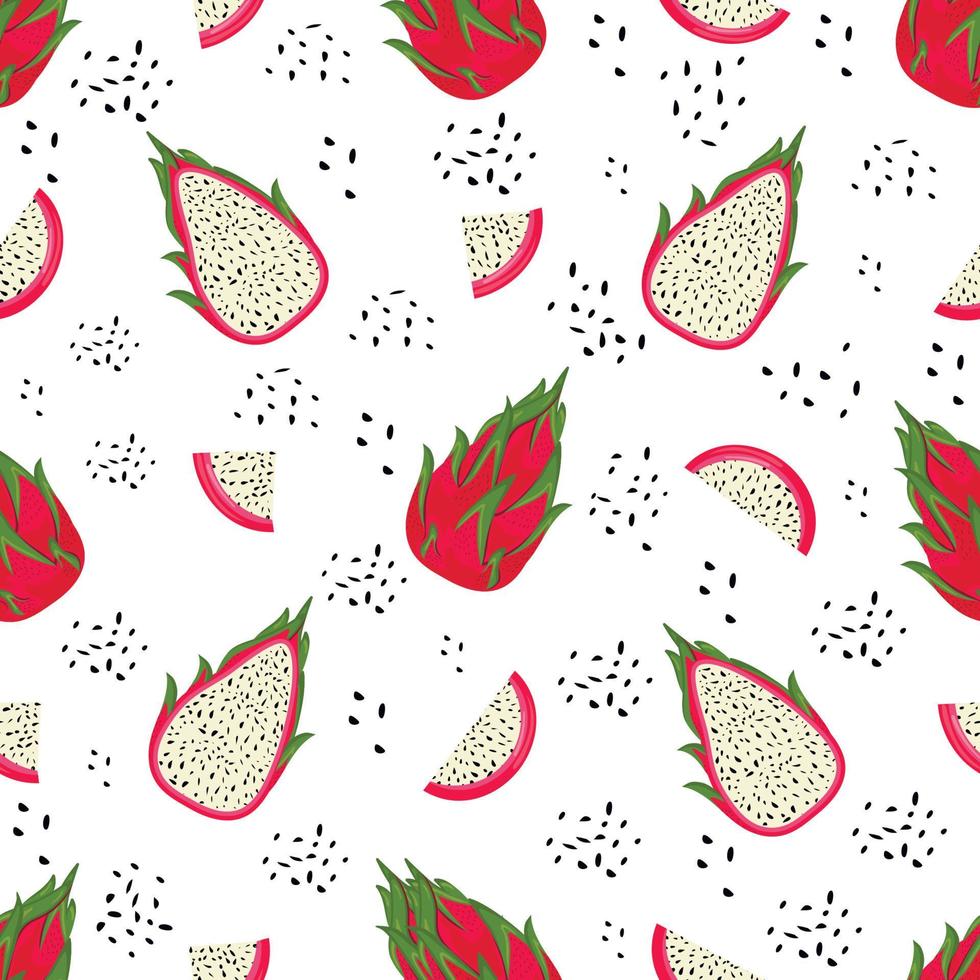 nahtloses Muster mit Drachenfrüchten, Pitaya-Hintergrund. Hand gezeichnete Vektorillustration im flachen Stil für romantische Sommerabdeckungen, tropische Tapeten vektor
