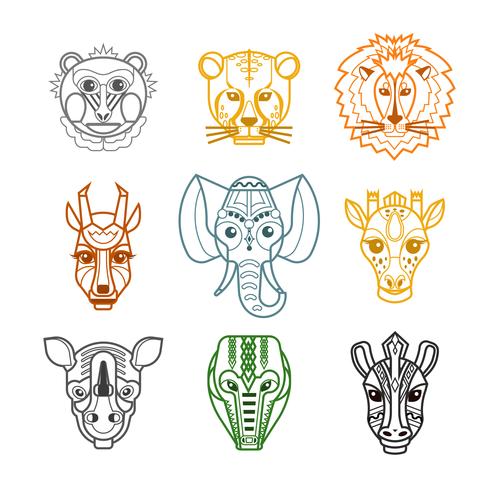 Afrikanska Djur Heads Masker Line Icons vektor