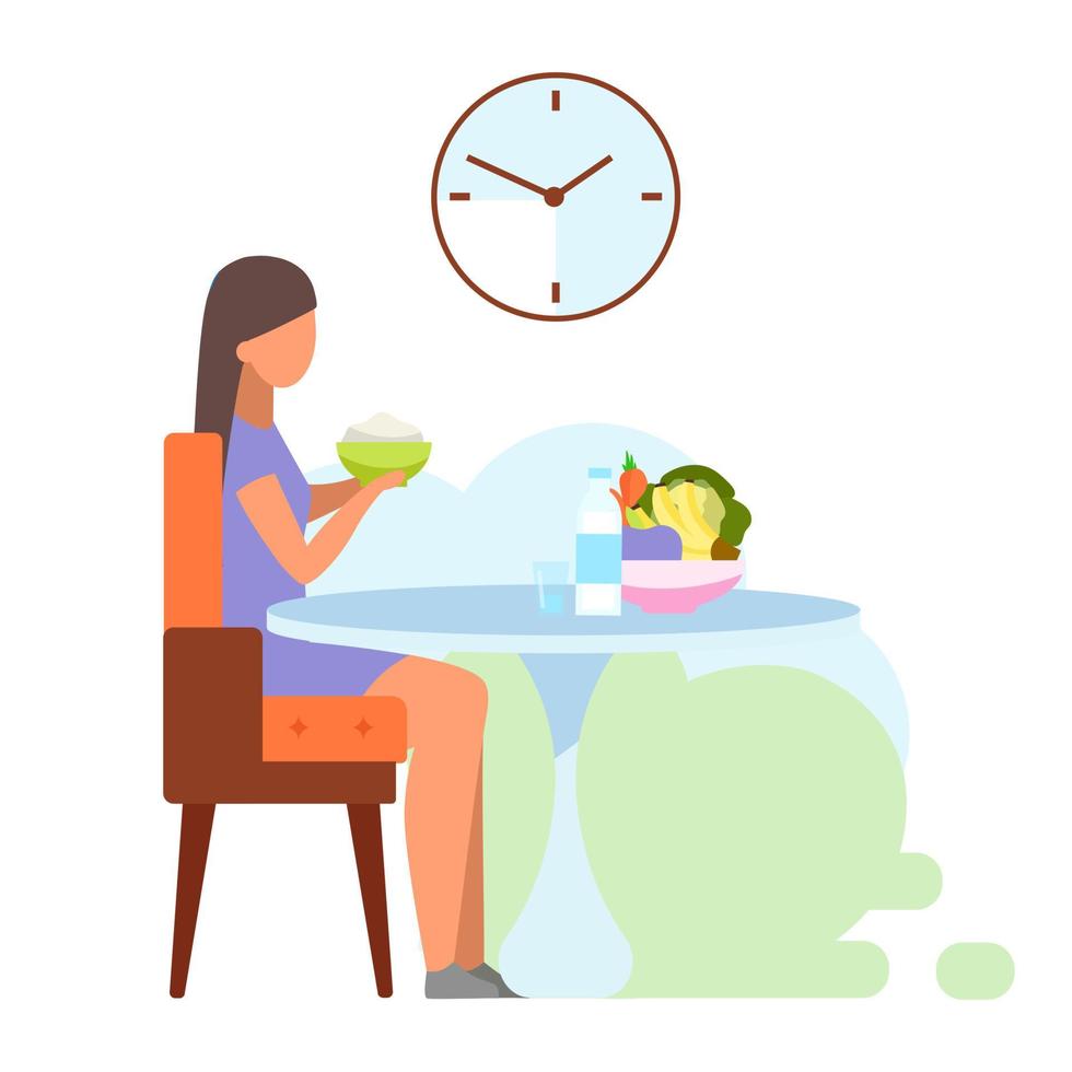 gesundes Mittagessen flachbild Vector Illustration. junges Mädchen, das Milchprodukte zum Abendessen isst. weibliche Lacto-Vegetarierin, die frisches Obst und Gemüse isst, isolierte Zeichentrickfigur auf weißem Hintergrund