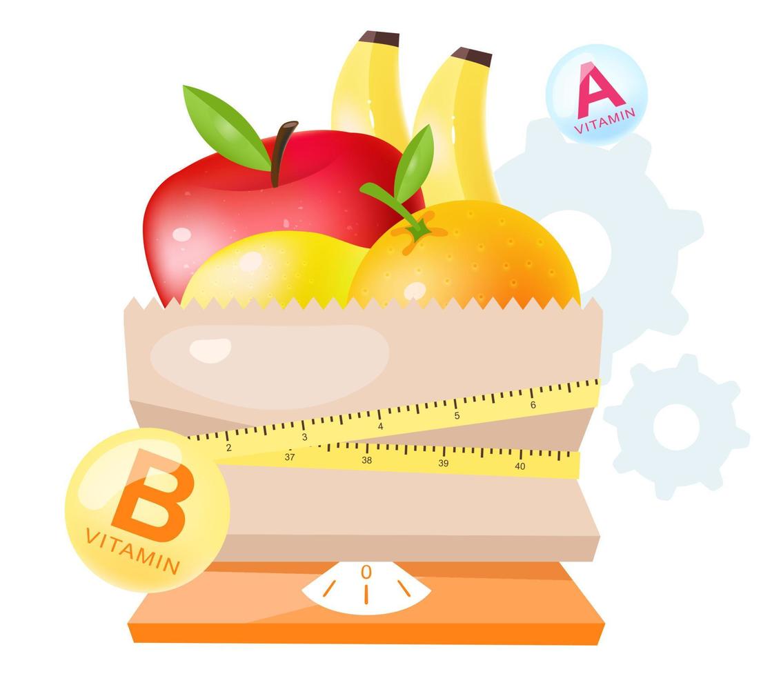 färsk frukt i kosten platt vektorillustration. tecknade äpple, apelsin, banan i papperspåse med flexibelt måttband och skalor isolerad på vit bakgrund. ingredienser för vegetarisk kost vektor