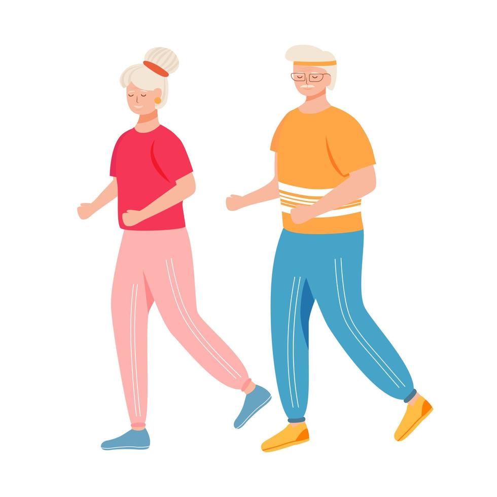 Rentner, die flache Vektorgrafiken ausbilden. physische Aktivität. gesunder Lebensstil. altes Ehepaar in Trainingsanzügen läuft. aktive Rentner isolierte Zeichentrickfigur auf weißem Hintergrund vektor