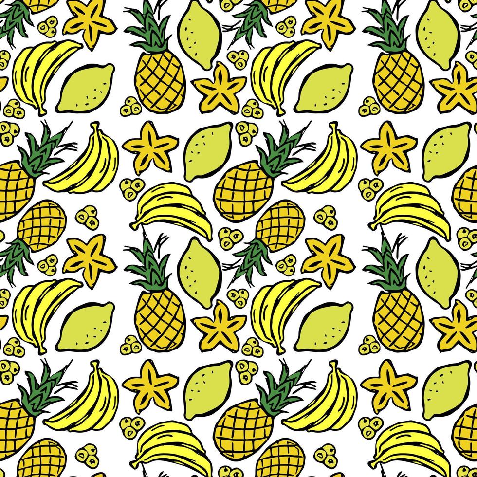 farbiges nahtloses Muster mit gelben Fruchtsymbolen. Vektor-Food-Icons mit Banane, Zitrone, Ananas vektor