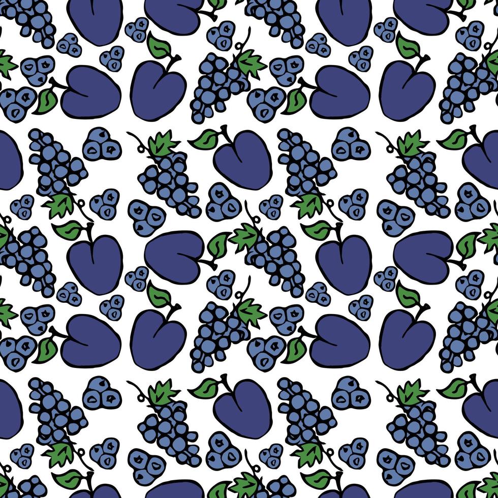 vektor mat ikoner med druvor och plommon på vit bakgrund. färgade sömlösa mönster med blå frukt ikoner.