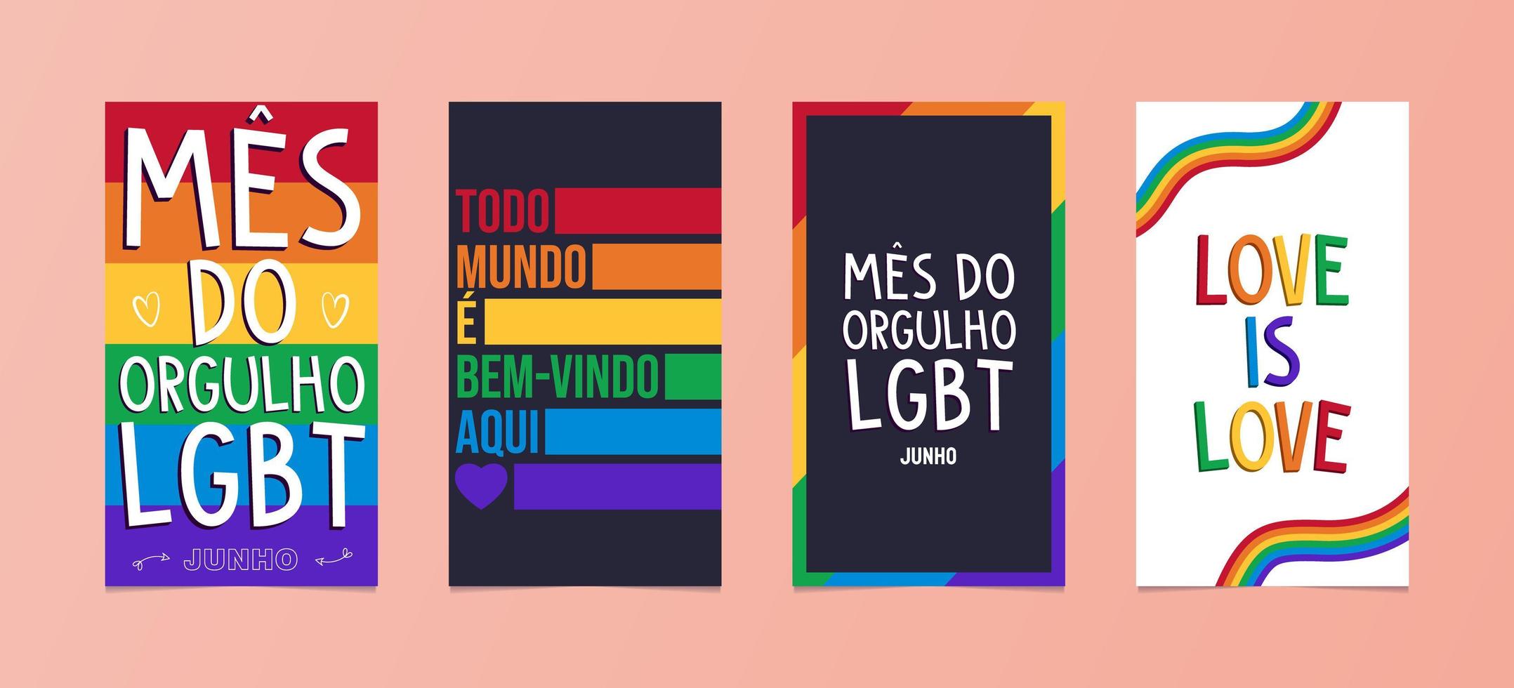 Stolzmonatsgeschichten packen auf brasilianisches Portugiesisch. Übersetzung - hier ist jeder willkommen - lgbt Pride Month, Juni vektor