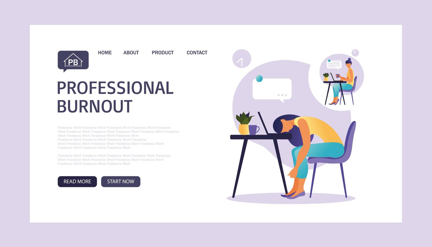 Professionelle Landingpage für das Burnout-Syndrom. Illustration mit glücklicher und müder Büroangestellter, die am Tisch sitzt. frustrierter Arbeiter, psychische Probleme. Vektor-Illustration im flachen Stil. vektor