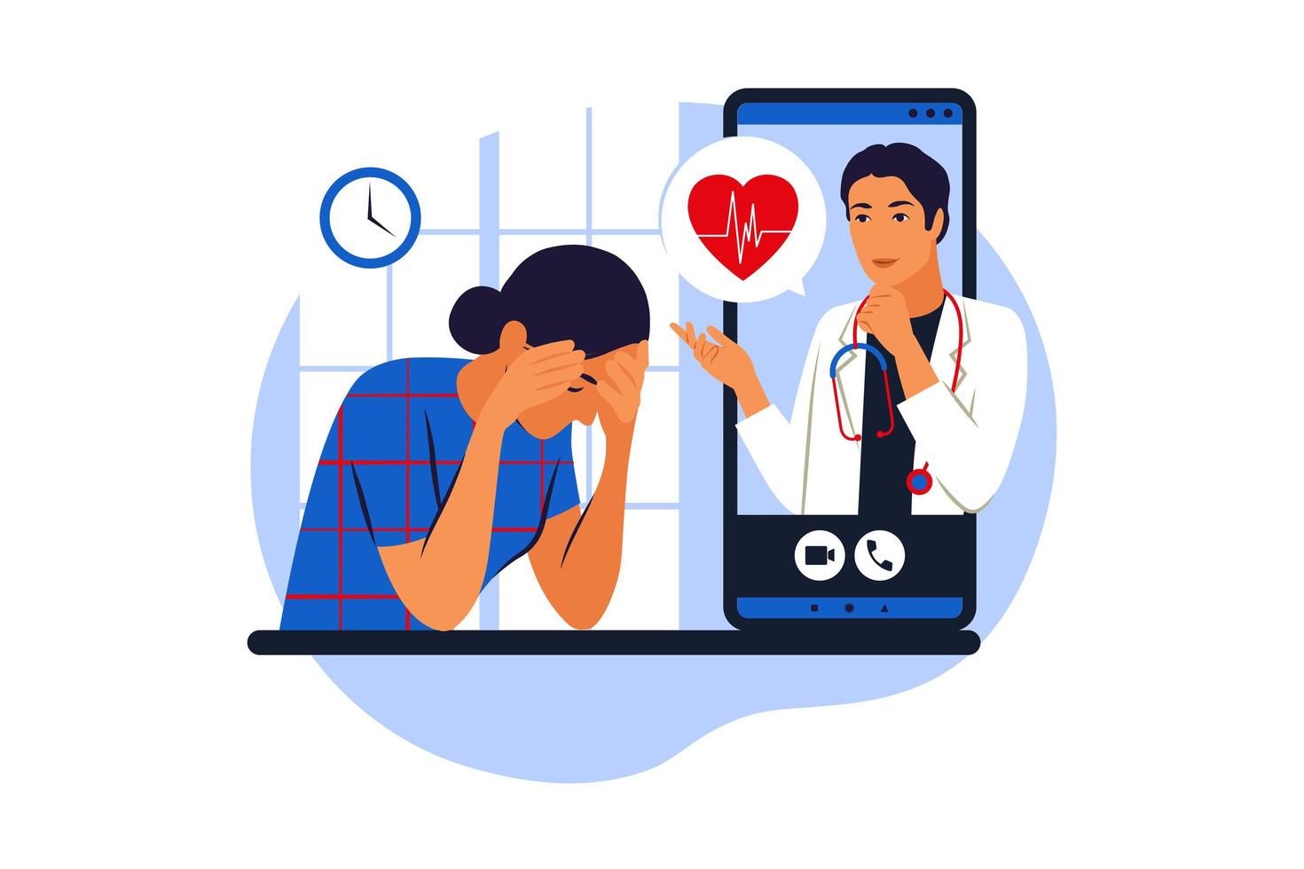 läkartid. konsultation online. modern sjukvårdsteknik. mobil-app. kvinna pratar med manlig läkare på smartphones skärm. vektor illustration. platt.