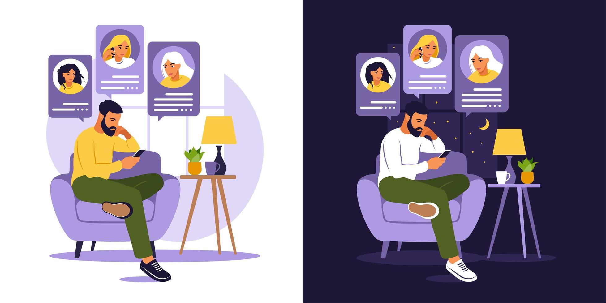 Mann sitzt mit Telefon auf dem Sofa. Freunde telefonieren Tag und Nacht. Dating-App, Anwendung oder Chat-Konzept. flacher Stil. Vektor-Illustration isoliert auf weiss. vektor