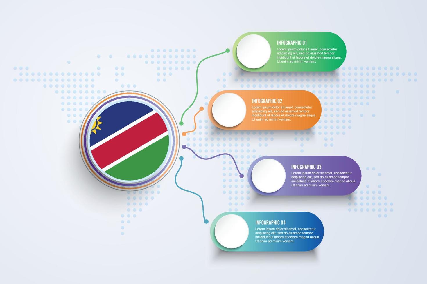 Namibia flagga med infographic design isolerad på dot världskartan vektor