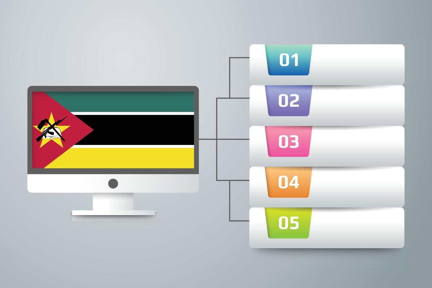 Moçambiques flagga med infografisk design integrerad med datorskärm vektor