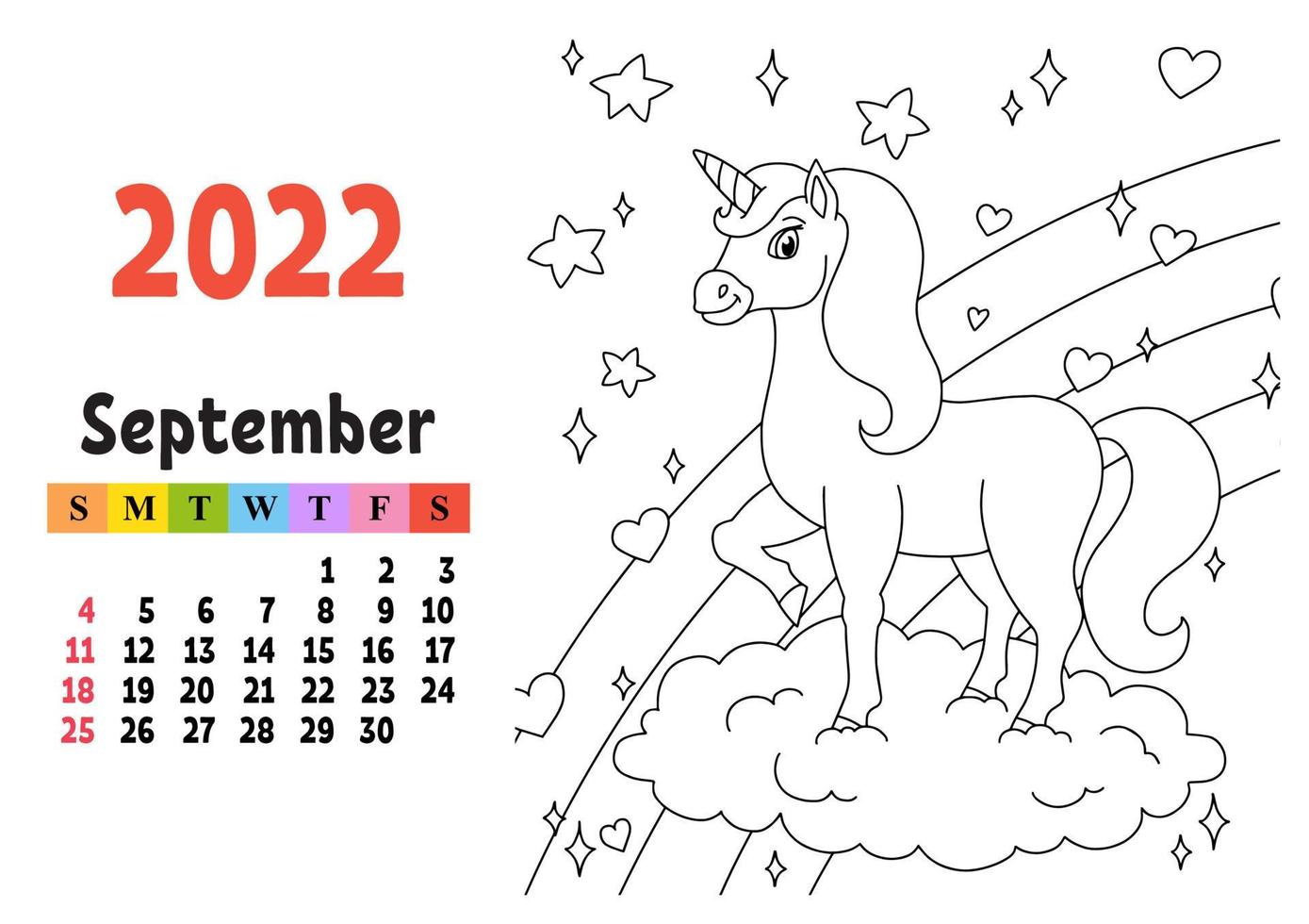 kalender för 2022 med en söt karaktär. fe enhörning. målarbok. rolig och ljus design. isolerade färg vektorillustration. tecknad stil. vektor