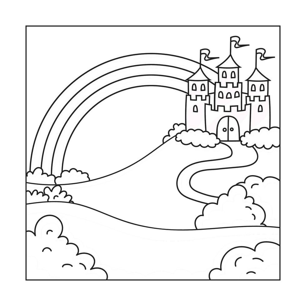 Landschaft mit einem schönen Schloss. Malbuchseite für Kinder. Cartoon-Stil. Vektor-Illustration isoliert auf weißem Hintergrund. vektor