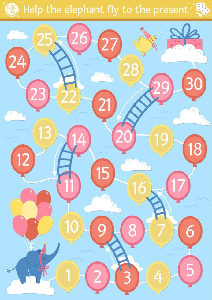 Geburtstagsbrettspiel für Kinder mit süßem Tier. pädagogisches Feiertagsbrettspiel mit Wolken, Leitern und Ballons. Überraschungsparty Aktivität. hilf dem Elefanten in die Gegenwart zu fliegen. vektor