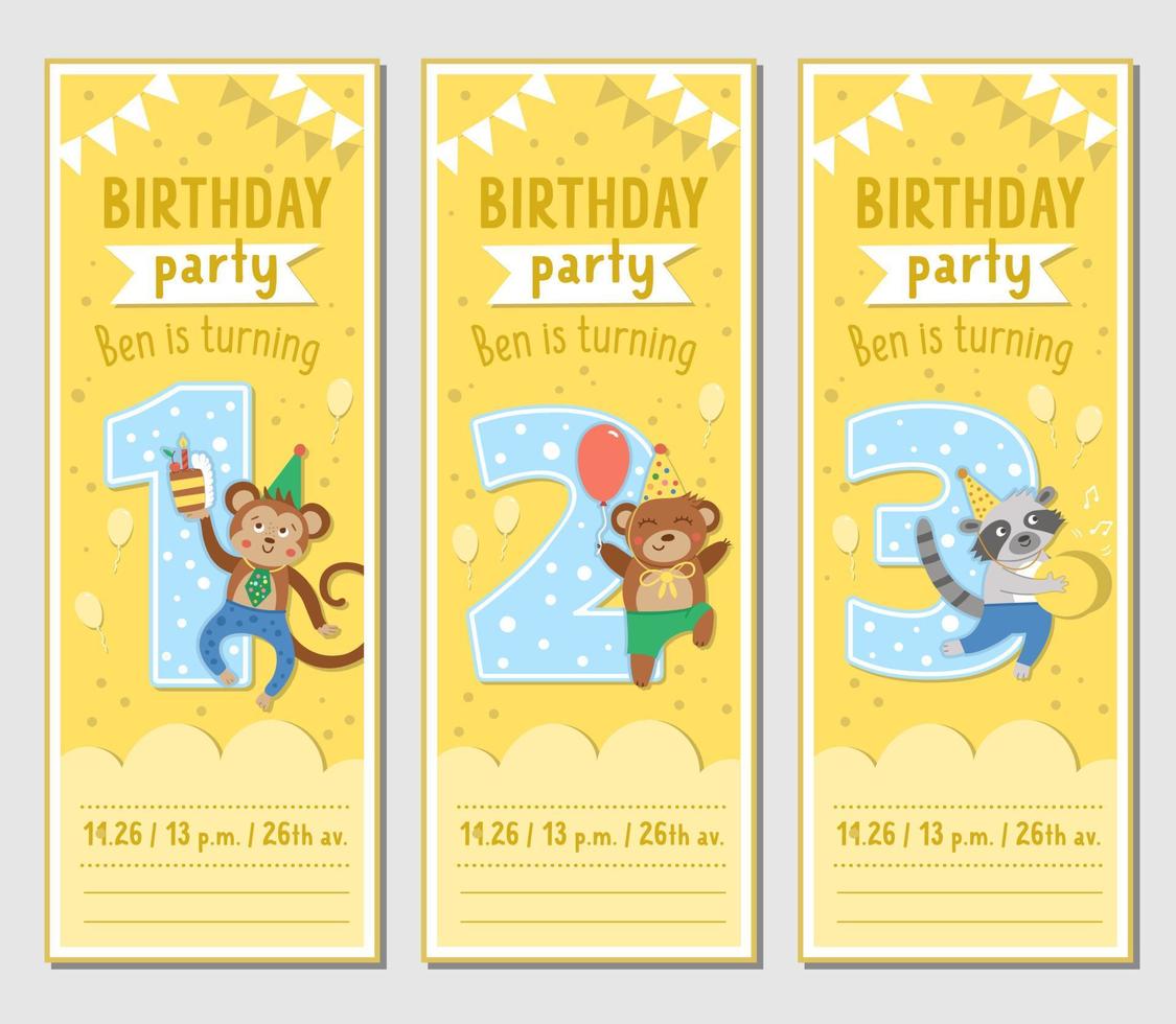 uppsättning födelsedagsfest gratulationskort mallar med söta djur och 1, 2, 3 nummer. årsdagen vertikal affisch eller inbjudan för barn. semester bokmärke illustration med apa, björn, tvättbjörn vektor
