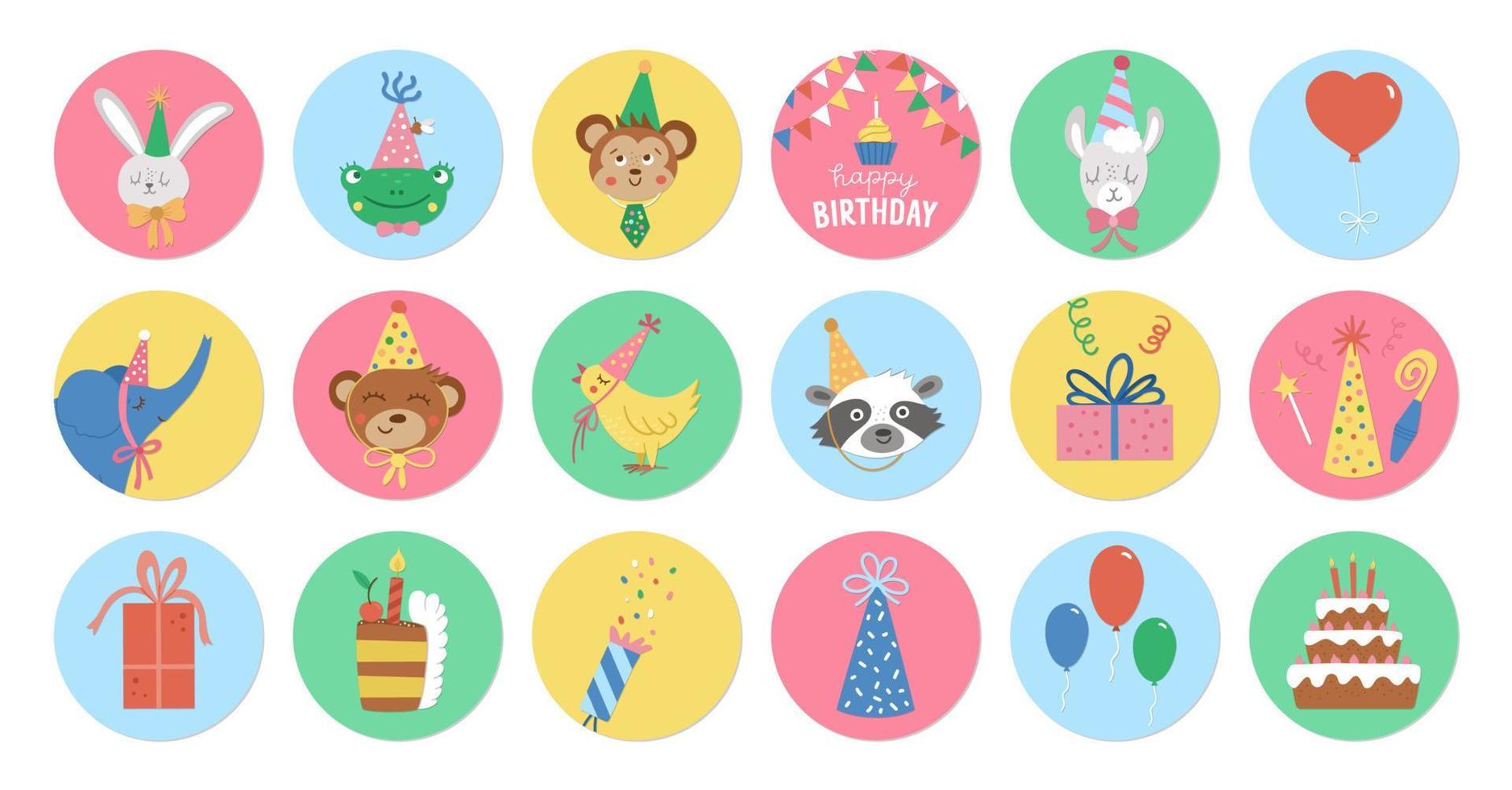 Süße Reihe von runden Geburtstags-Highlight-Symbolen oder Avatar-Designs mit süßen Tierköpfen, Kuchen, Geschenk. Vektor-Jubiläums-Feiertags-Pin oder Abzeichen-Design isoliert auf weißem Hintergrund vektor