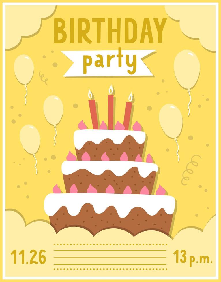 Geburtstagsfeier-Grußkartenvorlage mit süßem Kuchen und Kerzen. Jubiläumsplakat oder Einladung für Kinder. helle Feiertagsillustration mit traditionellem festlichem Dessert, Luftballons, Konfetti. vektor