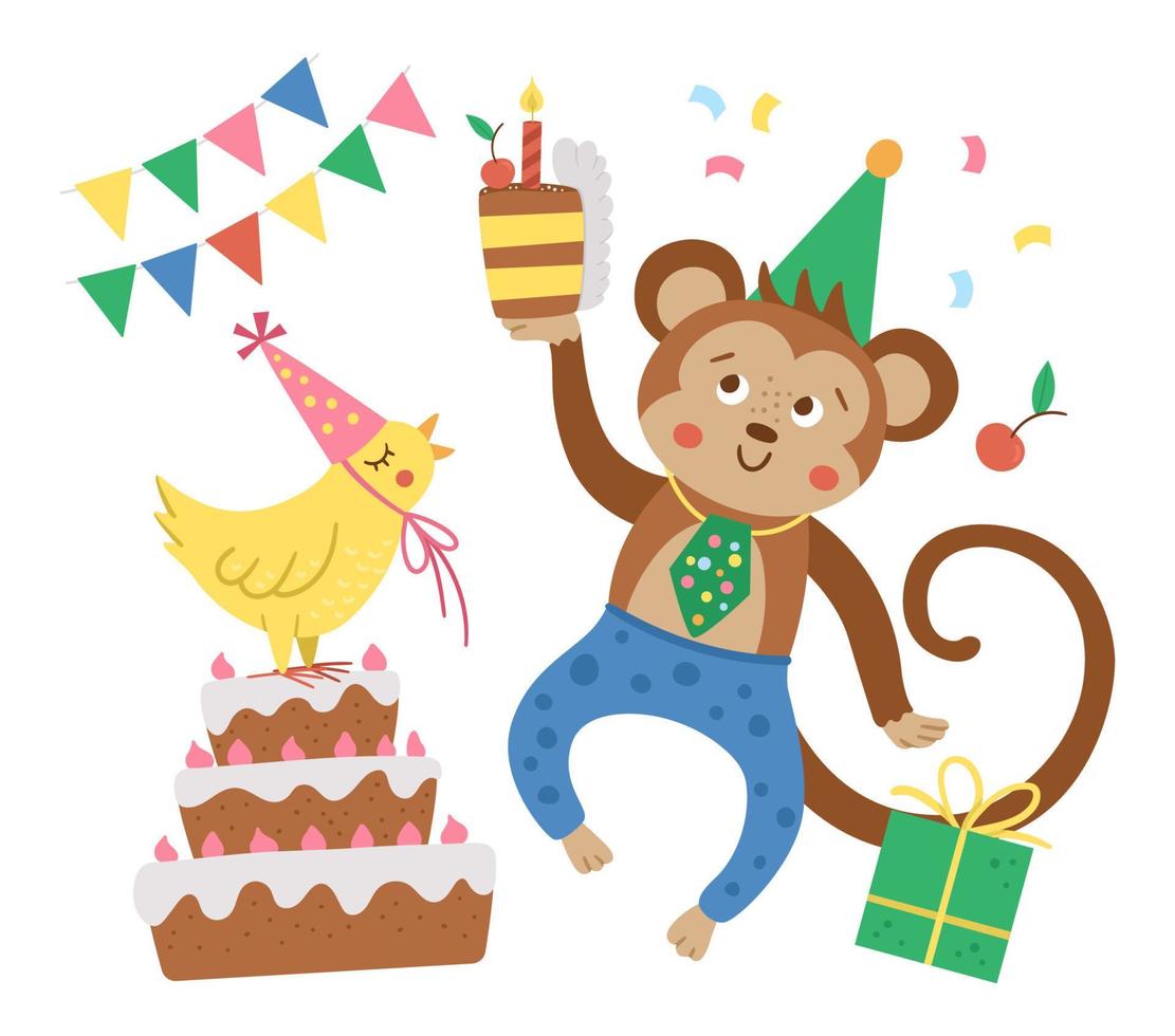 Vektor-Geburtstagsparty-Komposition mit süßem tanzenden Affen, Kuchen, Vogel, Geschenk. Urlaubshintergrunddesign für Banner, Poster, Einladungen. festliche Kartenvorlage mit lustigen Tieren vektor
