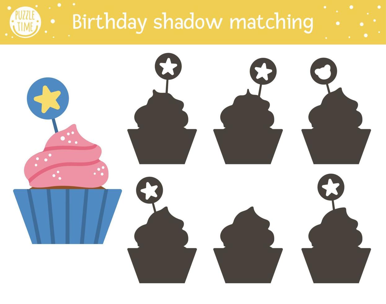Geburtstags-Shadow-Matching-Aktivität für Kinder. lustiges Puzzle mit süßem Party-Dessert. Ferienfeier Lernspiel für Kinder mit Cupcake. Finden Sie das richtige Arbeitsblatt zum Ausdrucken der Silhouette. vektor