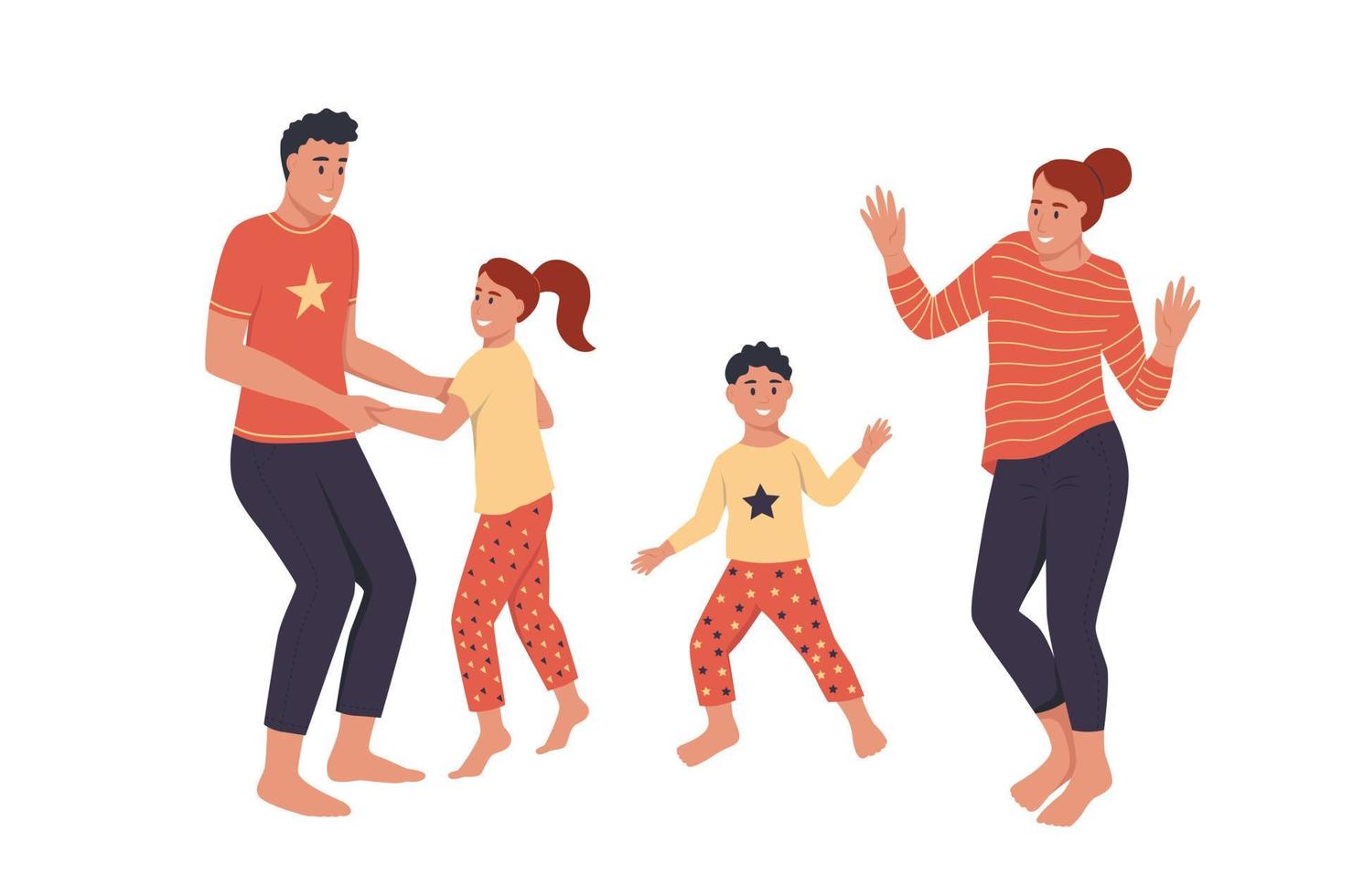 en familj i hemkläder dansar. pappa, mamma, dotter och son har roligt. platt vektorillustration vektor