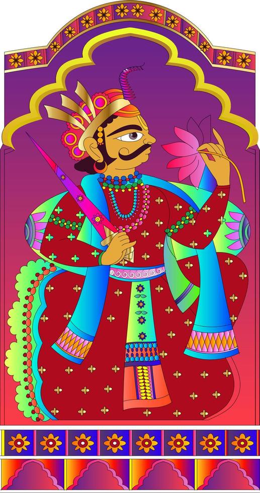 König mit Lotus, gemalt im kalamkari-indischen Volkskunststil vektor