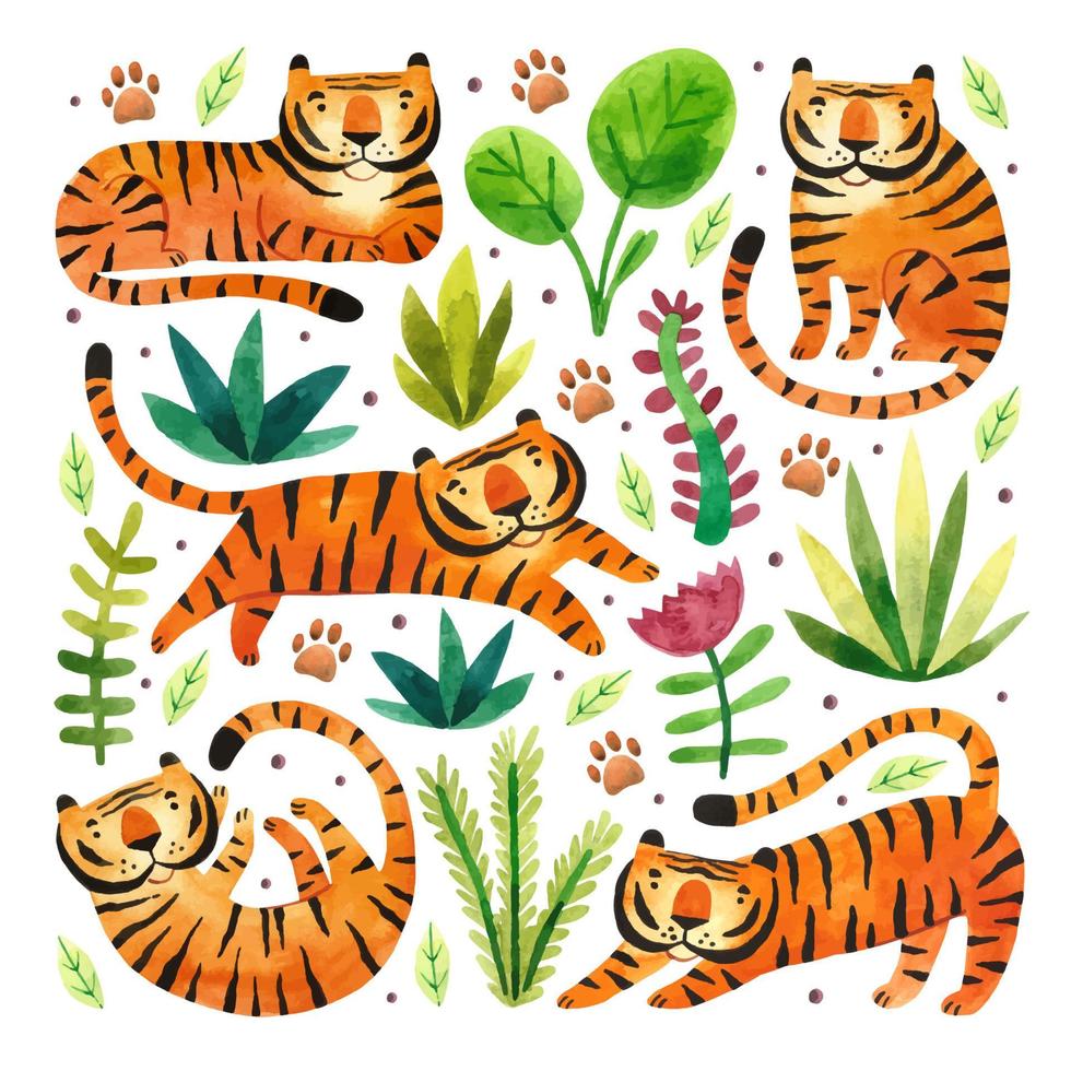 Familie von Tigern, die im Regenwald spielen und jagen, große Wildkatzen und tropische Pflanzen Tierkreissymbol des Jahres Aquarell handgezeichnete Illustration vektor