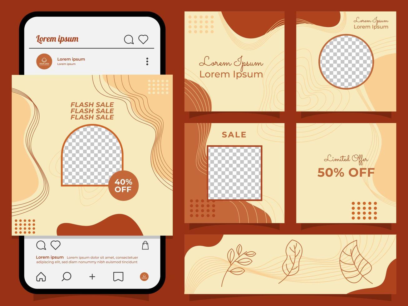Social-Media-Post-Vektor-Set. Hintergrundvorlage mit Kopienraum für Text und Bilder. abstrakte farbige organische Formen, Strichzeichnungen, Blumen und Blätter, moderne warme Farbe des Erdtons. vektor