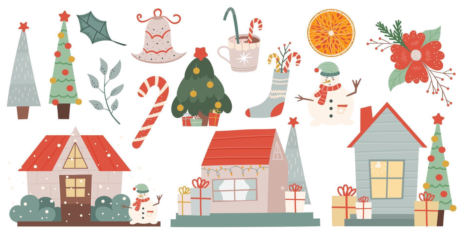 vinter jul set ClipArt isolerad på vit bakgrund. vinter hus, snögubbe, granar, apelsin och julblomma för dekoration och festlig prydnad. vektor illustration i platt stil