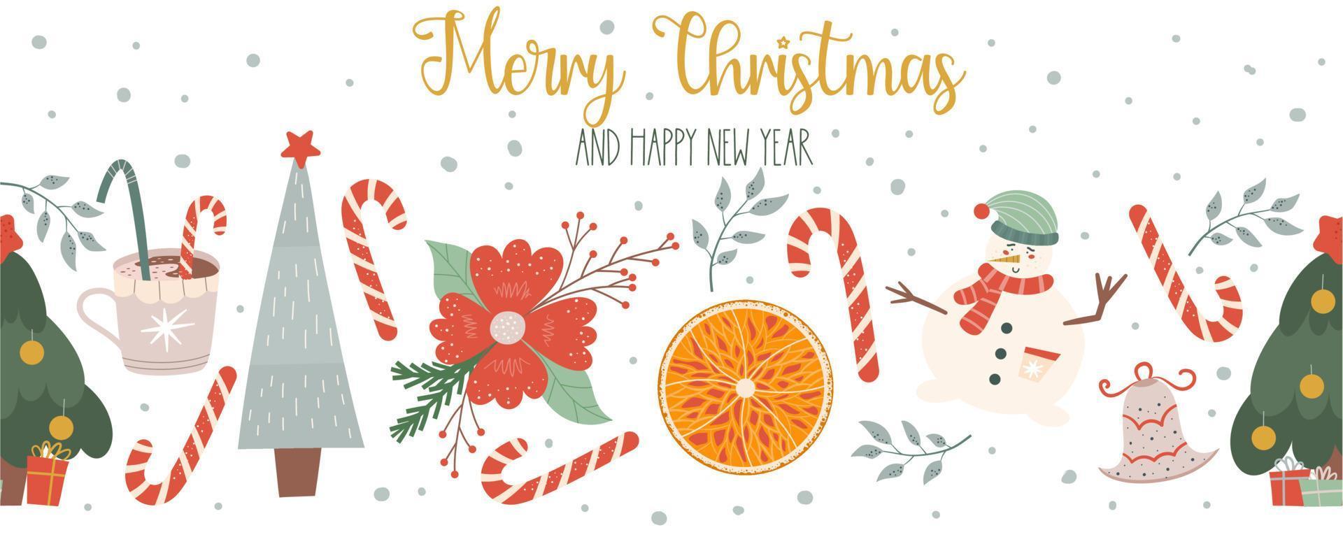 Weihnachten nahtlose Grenze auf weißem Hintergrund mit der Aufschrift Frohe Weihnachten. Banner mit Text und Bäumen, Schneemann, Orange und Lutscher für festliche Dekoration. Vektorillustration im flachen Stil vektor