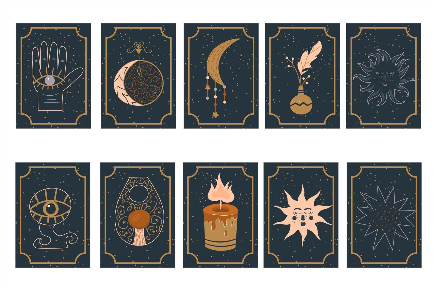 mystisk astrologi sätter magiska kort på stjärnklar bakgrund esoteriska föremål och symboler.måne och sol, talismaner, amuletter och en hand för framtidens klärvoajans. vektor illustration i platt stil