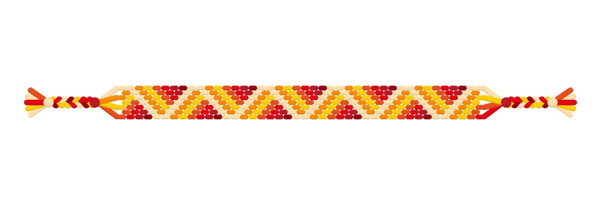 Vektor buntes handgefertigtes Hippie-Freundschaftsarmband aus roten, orangefarbenen und gelben Fäden.